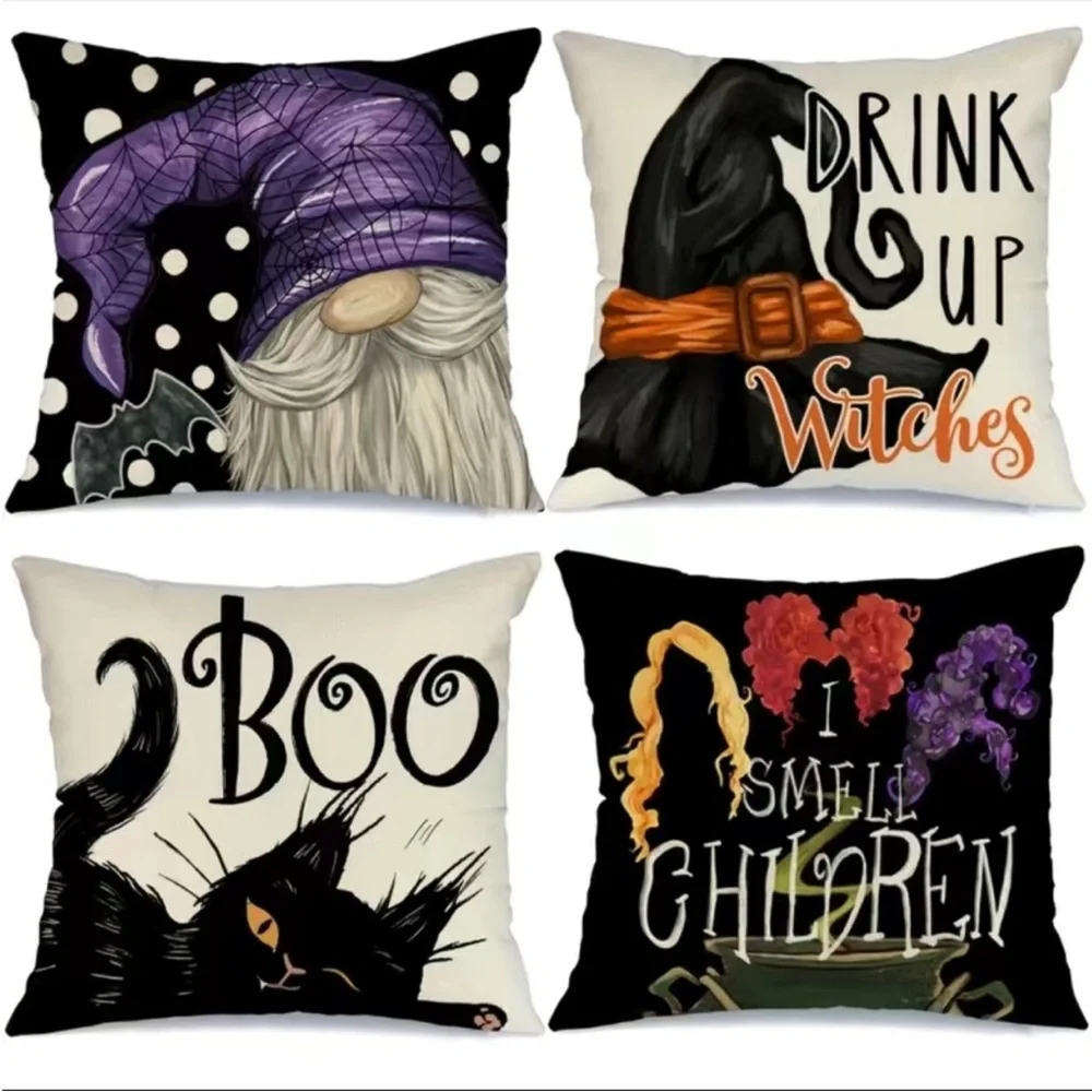 Set Of 4 Halloween Linen Blend Throw Pillow Case, Square Cushion Case, Decorativ